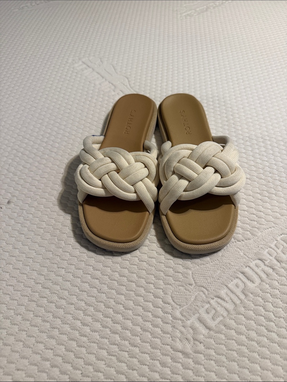 Rothy's Knotted Slide Sandals in Cream and Tan